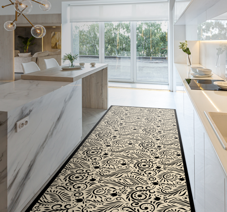 Alfombra pvc cocina patrón floral negro - TenVinilo