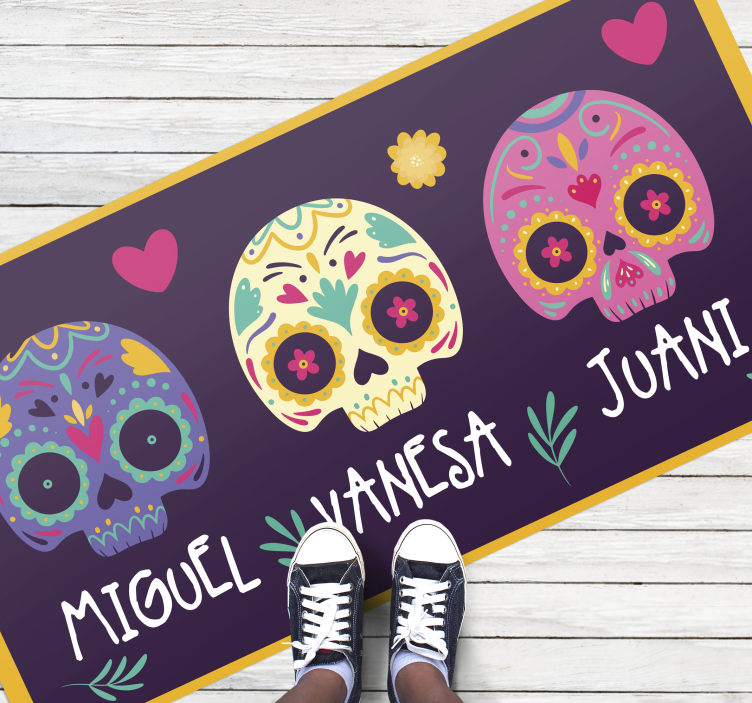 Alfombra vinílica entrada calaveras coloridas personalizadas - TenVinilo