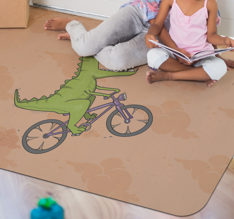 Alfombra vinílica infantil rugido de dinosaurio en bicicleta - TenVinilo