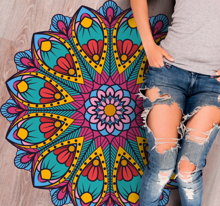Alfombra vinílica mandala ilustración floral colorida - TenVinilo