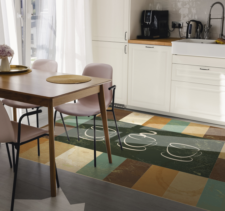 Alfombra vinilo cocina tazas de café humeantes - TenVinilo