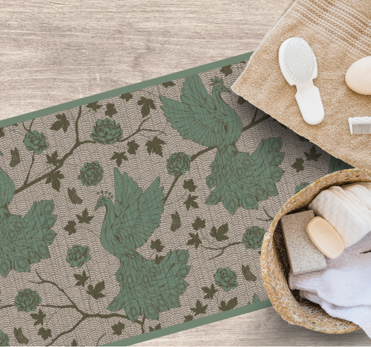 Alfombra vinílica flores botánicos y fauna verde - TenVinilo