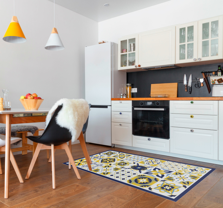 Alfombra vinílica cocina azulejos estilo portugués azul - TenVinilo