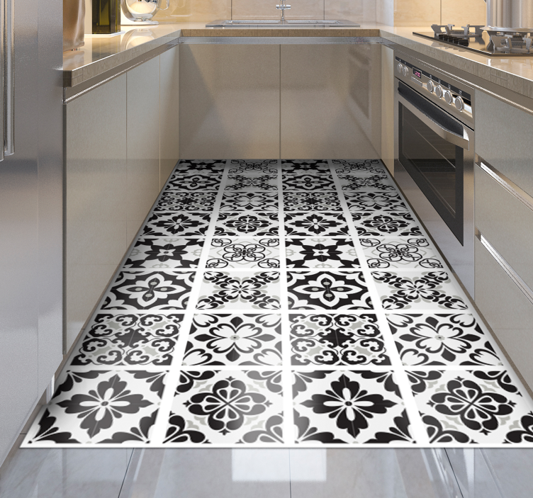 Alfombra vinilo cocina azulejos negro y blanco - TenVinilo