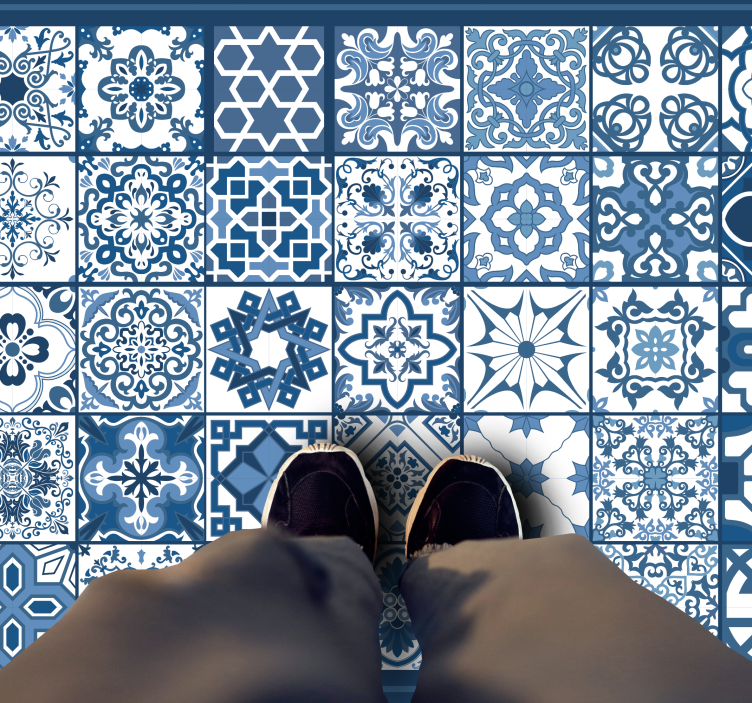 Alfombra vinílica cocina patrón mosaico azul y blanco - TenVinilo