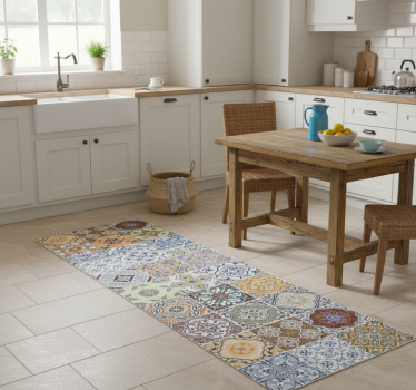 Alfombra vinilo cocina patchwork mediterráneo ecléctico - TenVinilo