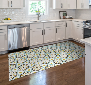 Alfombra vinílica cocina azulejos patrón flores - TenVinilo