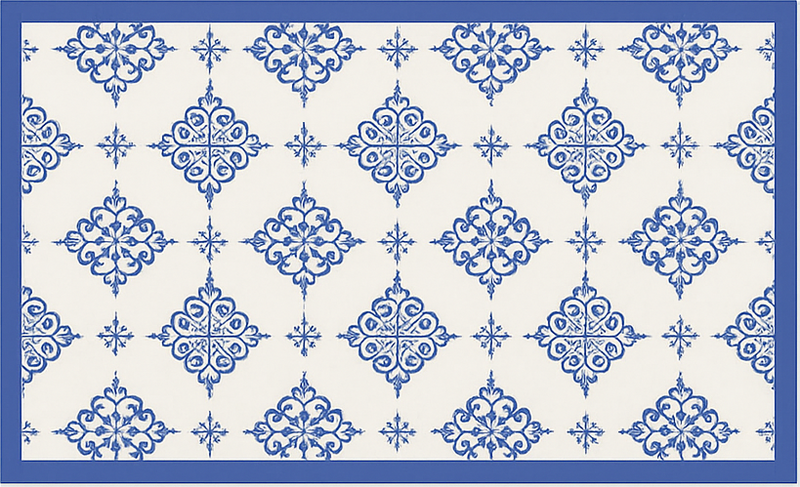 Alfombra vinilo azul azulejos marroquíes beige - TenVinilo