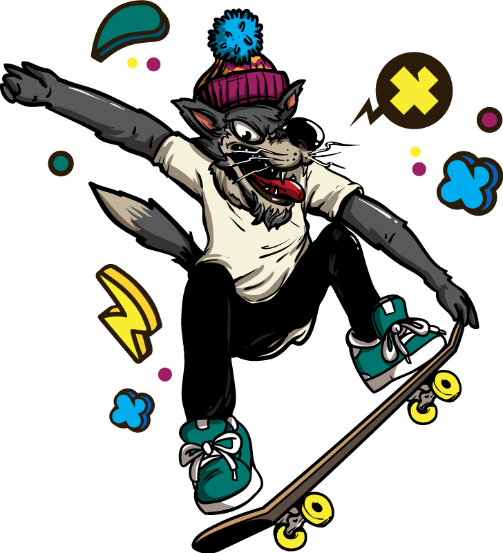 Alfombra vinílica animales lobo en patineta - TenVinilo