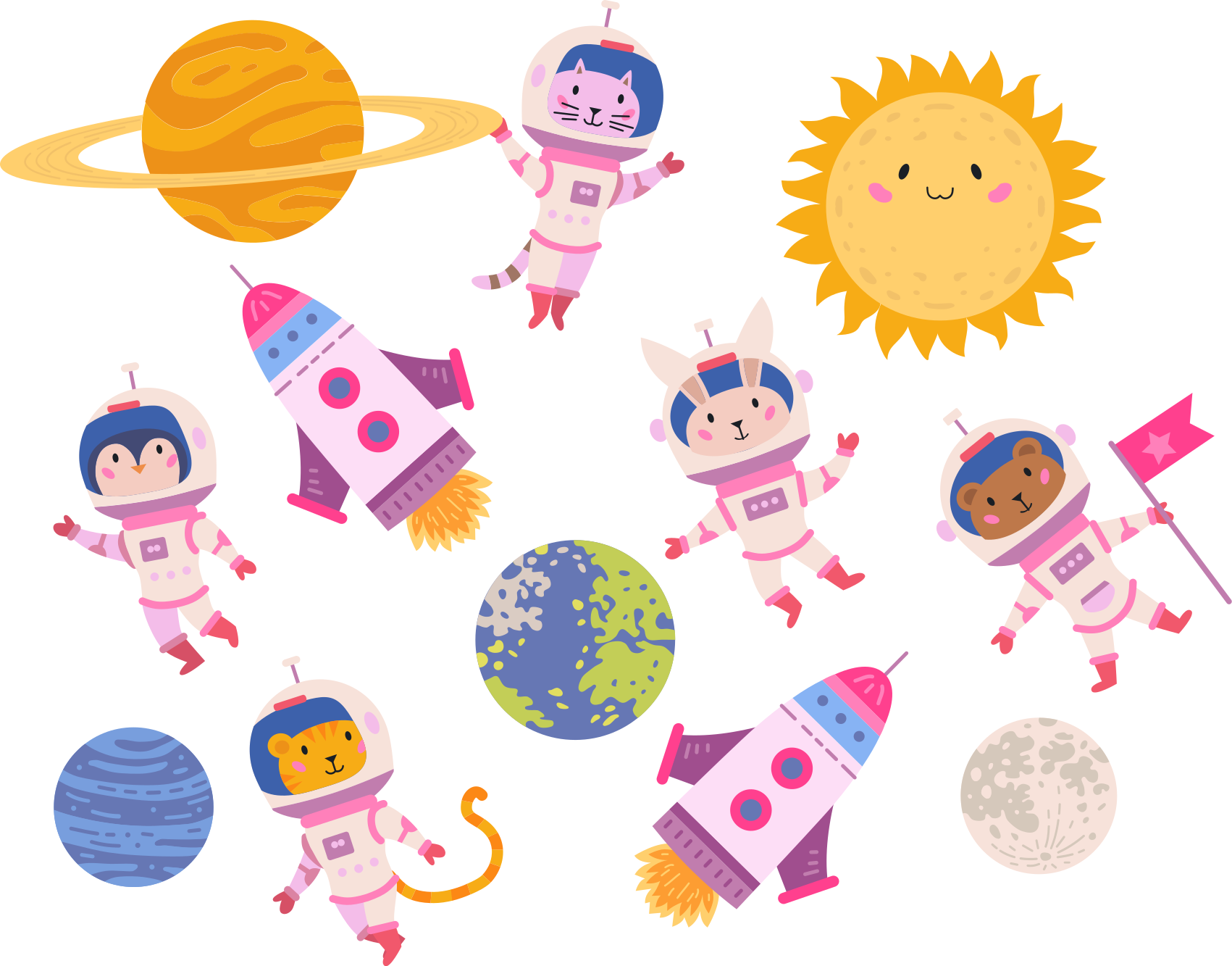 Alfombra vinílica animales astronautas con cohete - TenVinilo