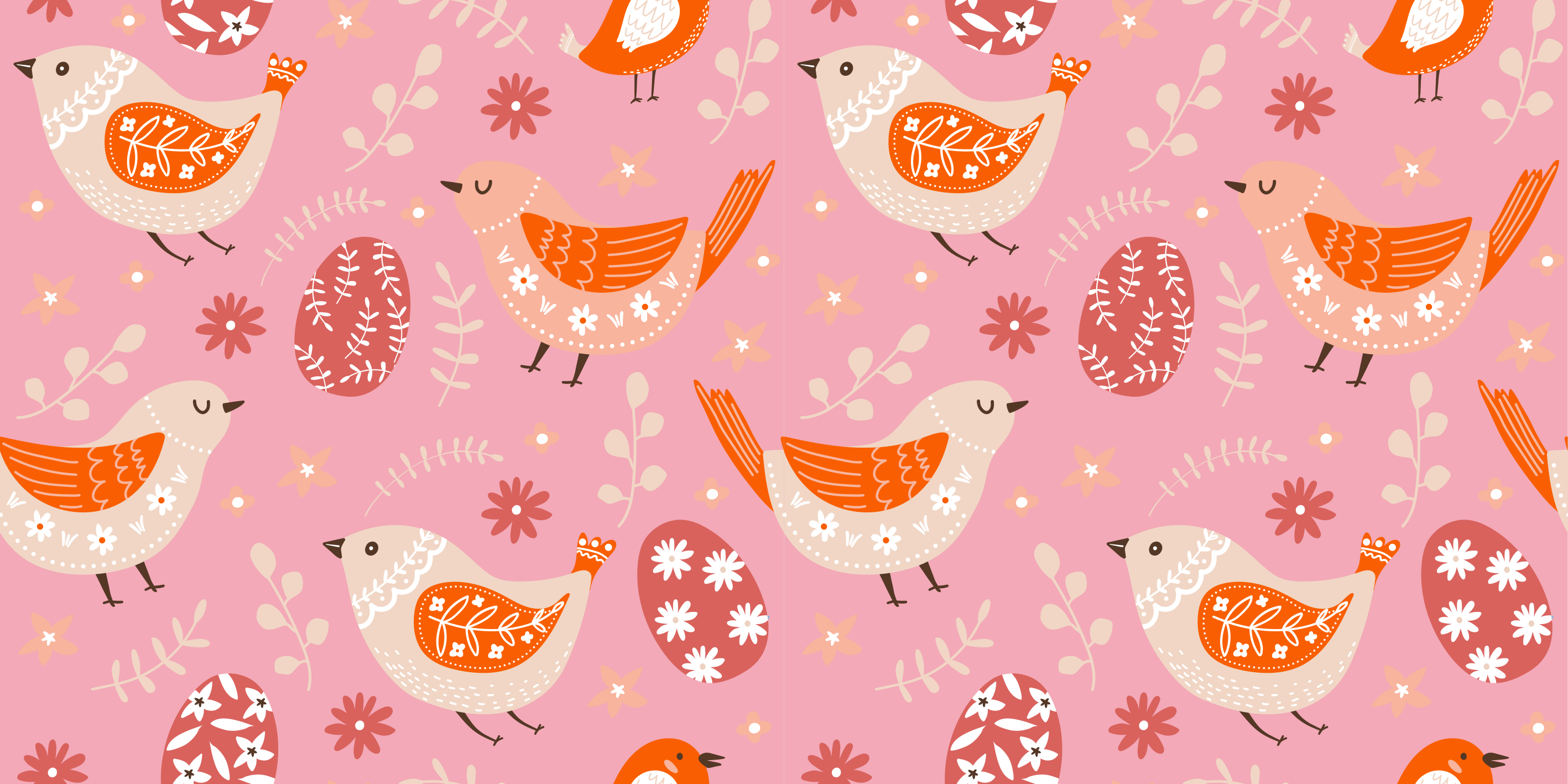 Alfombra vinílica flores patrón folk rosa con pájaros - TenVinilo