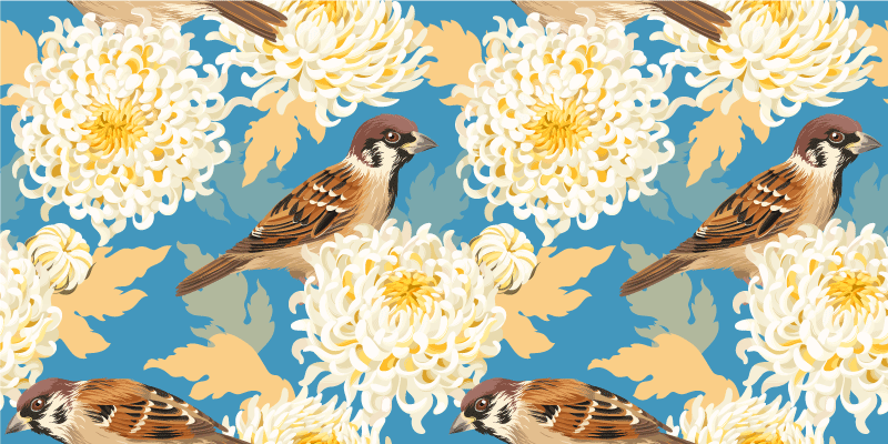 Alfombra vinílica flores diseño de aves y hojas - TenVinilo