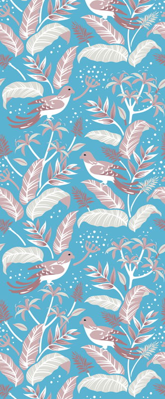 Alfombra vinílica dormitorio hojas tropicales azul y rosa - TenVinilo