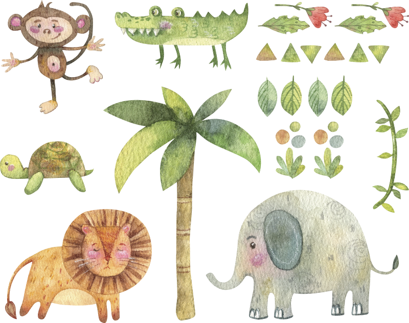 Alfombra vinílica infantil animales de la selva acuarelados - TenVinilo