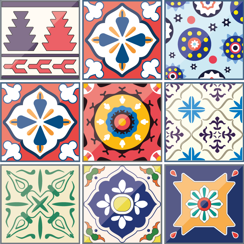 Alfombra vinílica cocina baldosas ornamentales coloridas - TenVinilo