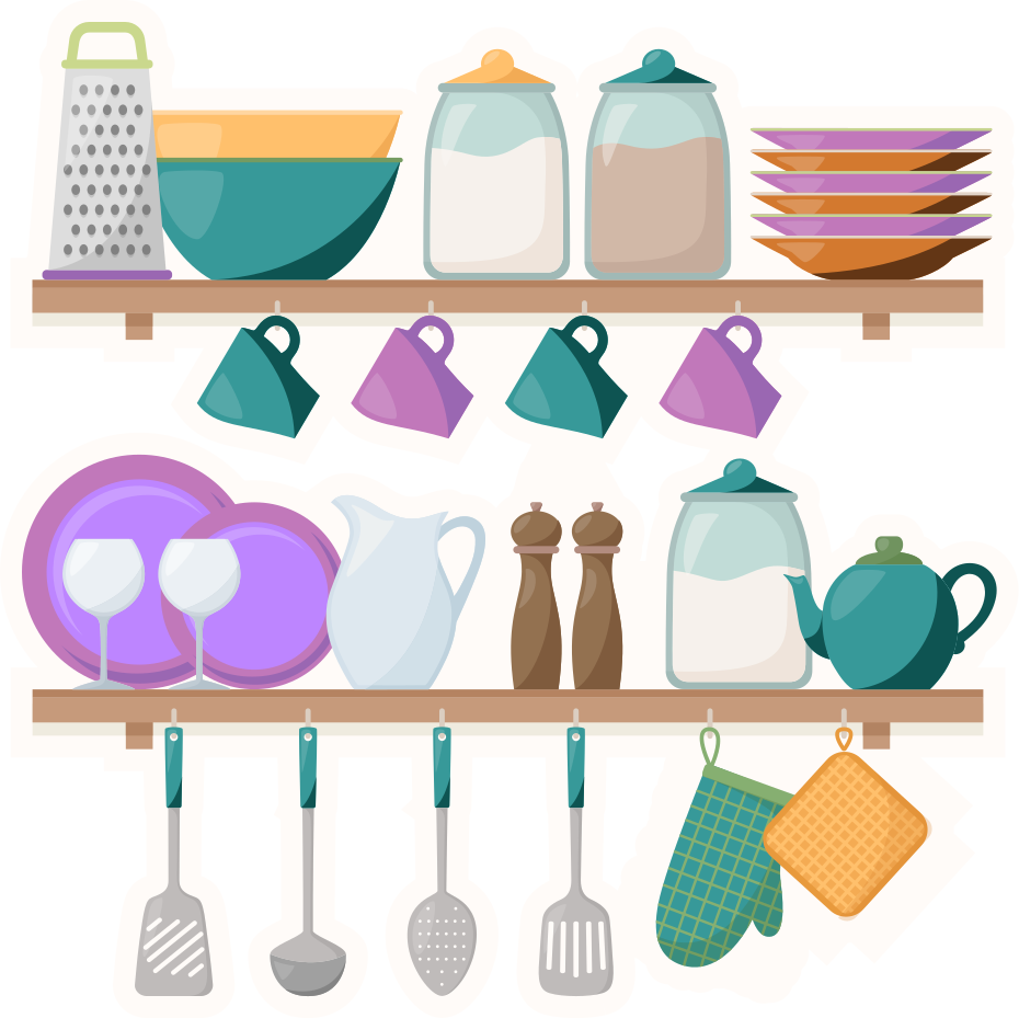 Alfombra vinílica cocina estanterías con utensilios - TenVinilo