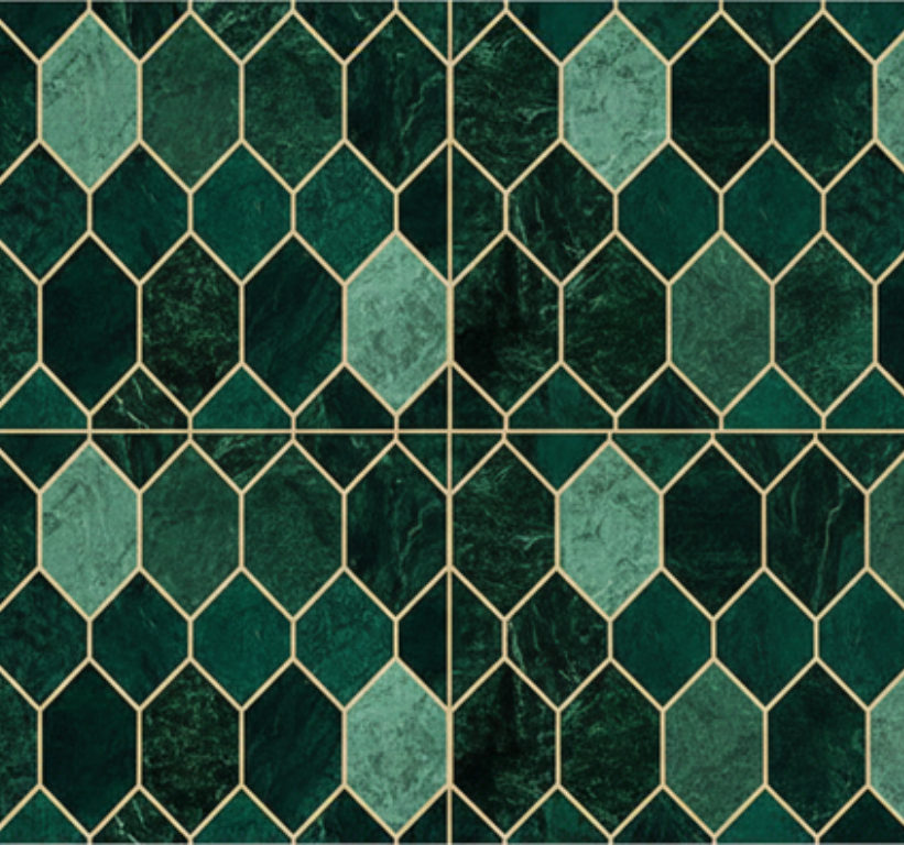 Alfombra vinílica cocina escala verde contorno dorado - TenVinilo