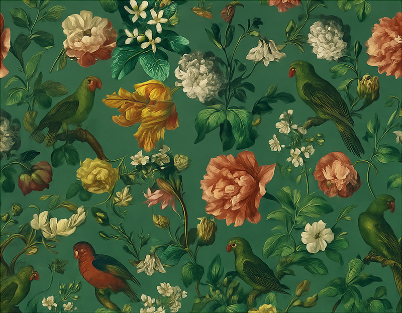 Alfombra vinílica dormitorio diseño flores y aves verde oscuro - TenVinilo