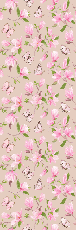 Alfombra vinílica naturaleza diseño magnolia rosa y mariposas - TenVinilo
