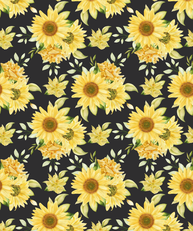 Alfombra vinilo amarilla patrón girasoles fondo negro - TenVinilo