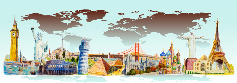 Alfombra vinílica mapamundi collage de monumentos coloridos - TenVinilo
