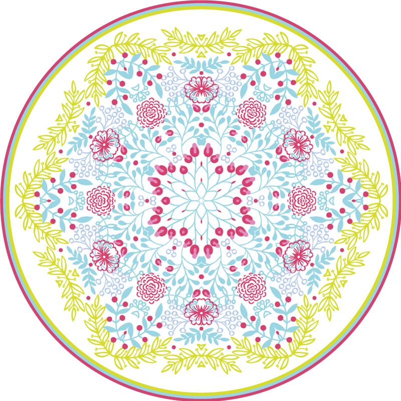 Alfombra vinílica mandala motivo botánico azul y rosa - TenVinilo