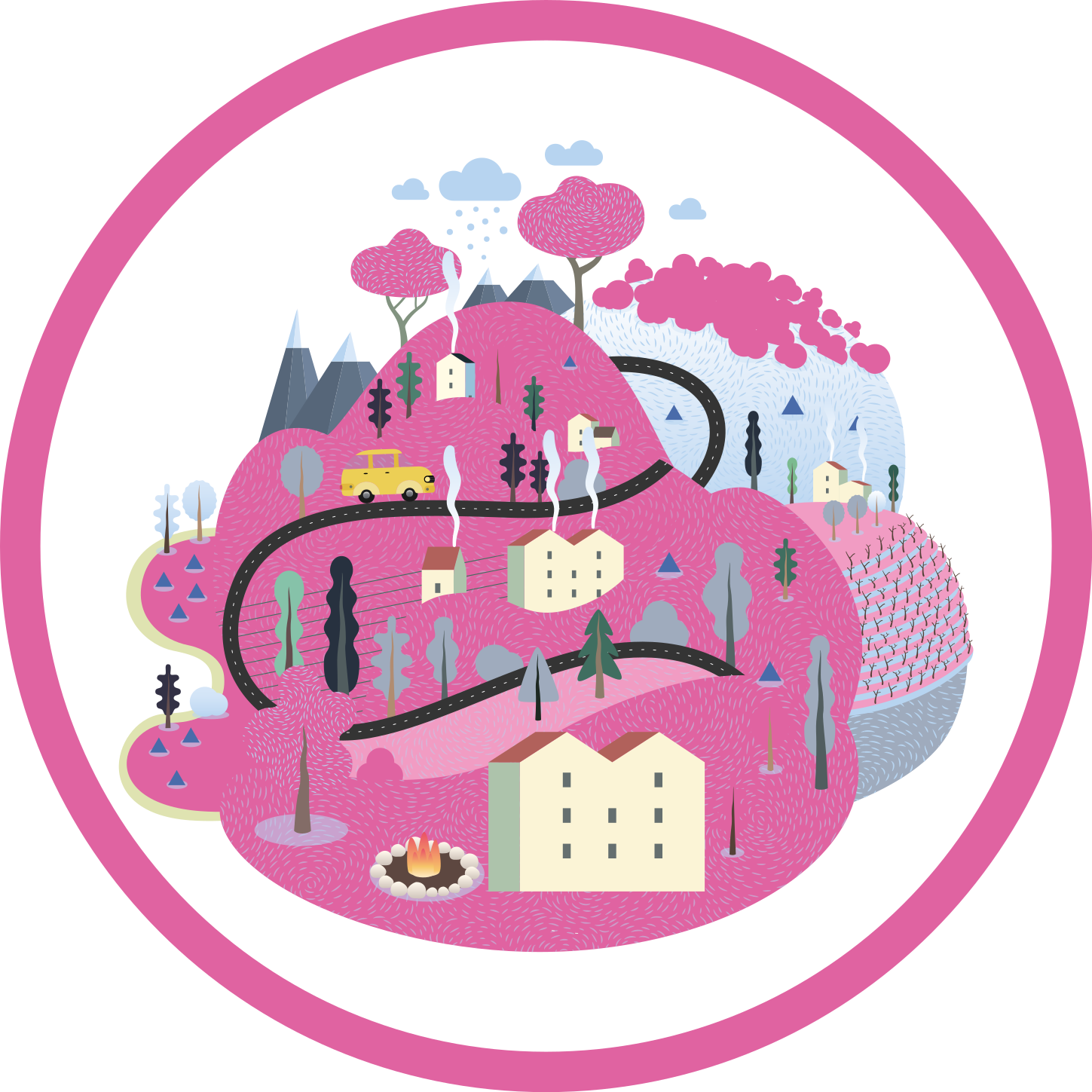 Alfombra carretera escena colorida del pueblo - TenVinilo