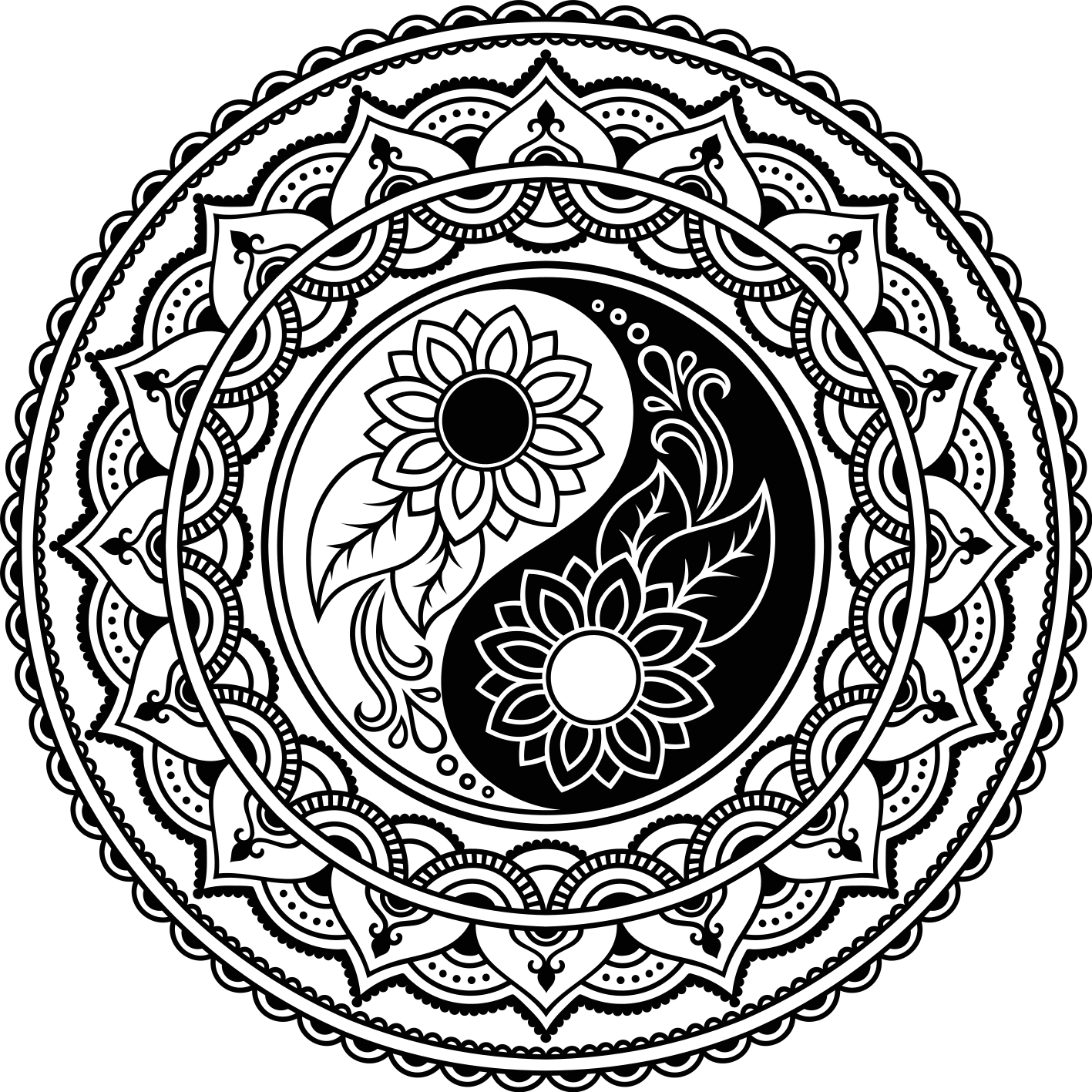 Alfombra vinílica mandala Ying y yang en blanco y negro - TenVinilo