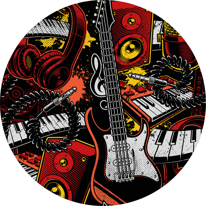 Alfombra vinílica infantil caos de instrumentos musicales - TenVinilo