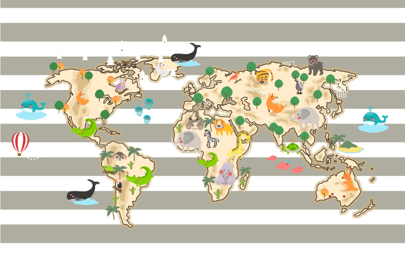 Alfombra vinílica mapamundi ilustración colorida de animales - TenVinilo