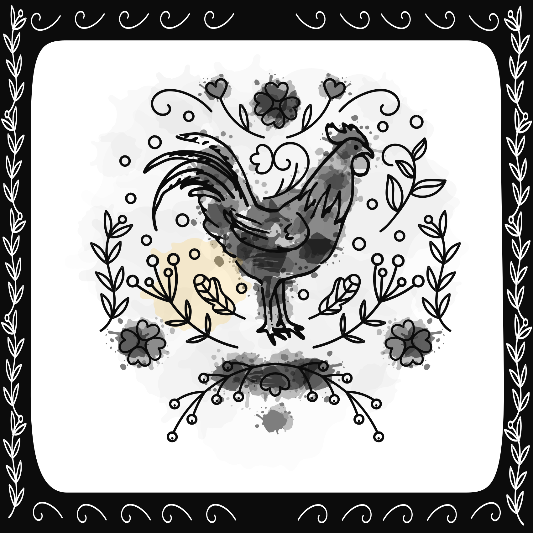 Alfombra vinílica animales gallo floral negro - TenVinilo