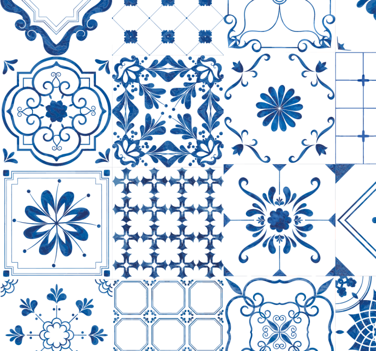 Papel pintado azulejos intrincado motivo azul y blanco - TenVinilo