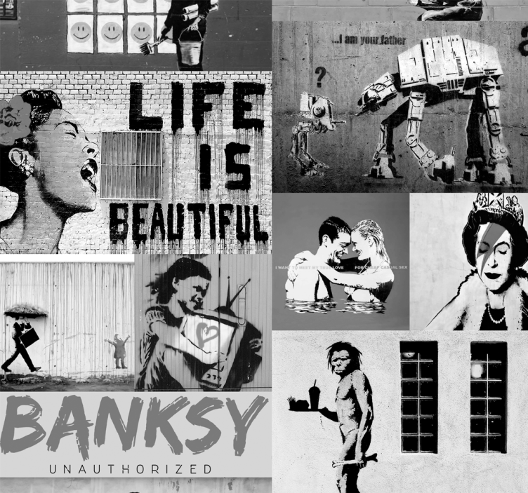 Papel pintado moderno Banksy escala grises - TenVinilo
