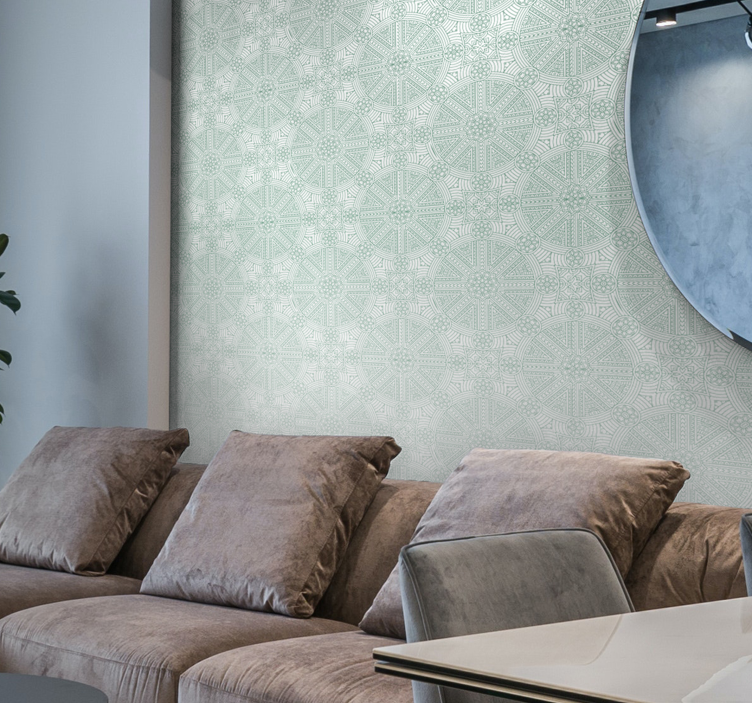 Papel pintado dormitorio matrimonio patrón boho azteca verde - TenVinilo