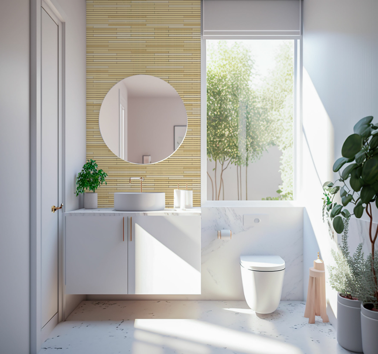 Papel pintado baño listones madera beige - TenVinilo