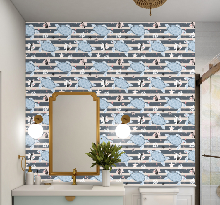 Papel pintado baño de rayas y tortugas - TenVinilo