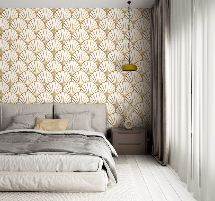 Papel pintado dormitorio matrimonio art déco blanco y dorado - TenVinilo