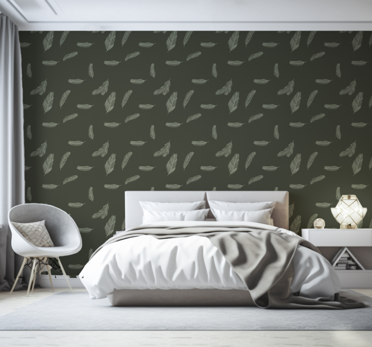 Papel dormitorio plumas verdes minimalistas - TenVinilo