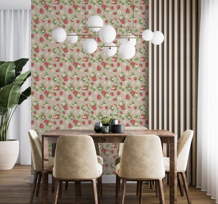 papel pintado para comedor fresas y flores - TenVinilo