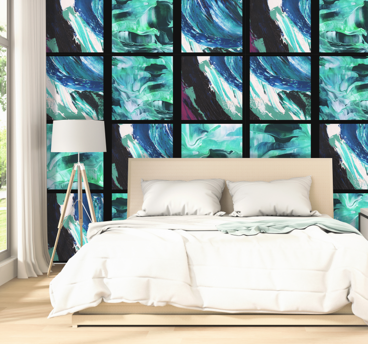 Papel pared abstracto azulejos con pintura azul - TenVinilo