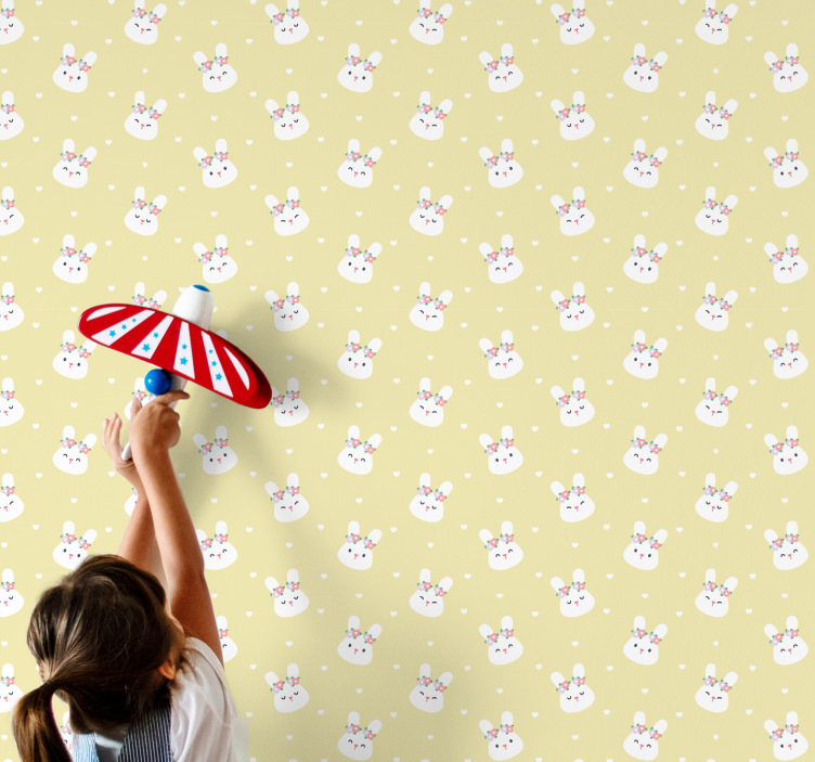Papel pintado animal conejitos blancos con flores - TenVinilo