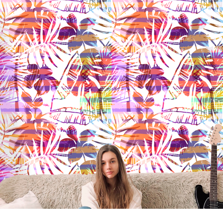 papel pintado troncos Palmeras exóticas y líneas patrón tropical - TenVinilo