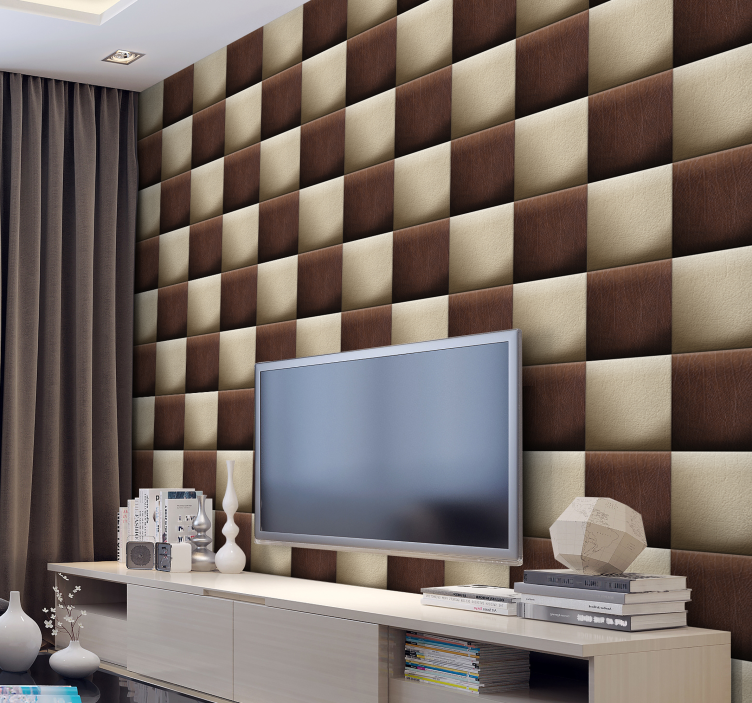 Papel pintado geométrico ajedrez beige y marrón - TenVinilo