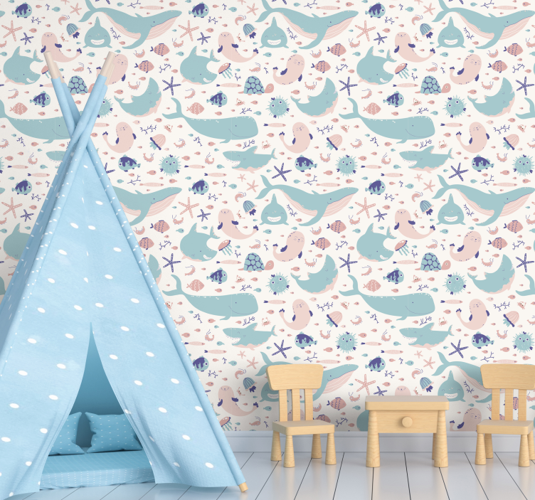 Papel pintado infantil ballenas tonos pastel - TenVinilo