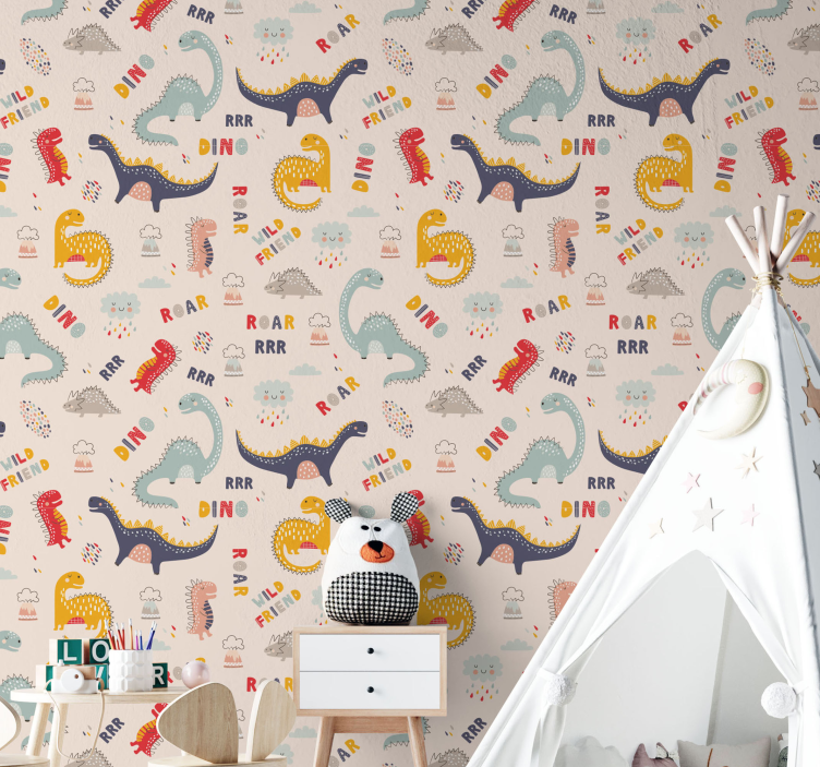 papel pintado infantil Dinosaurios coloridos con nombres. - TenVinilo