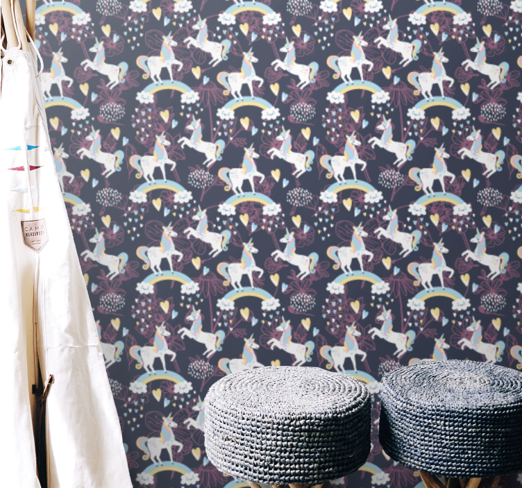 Papel pintado infantil unicornios rosa patrón floral - TenVinilo