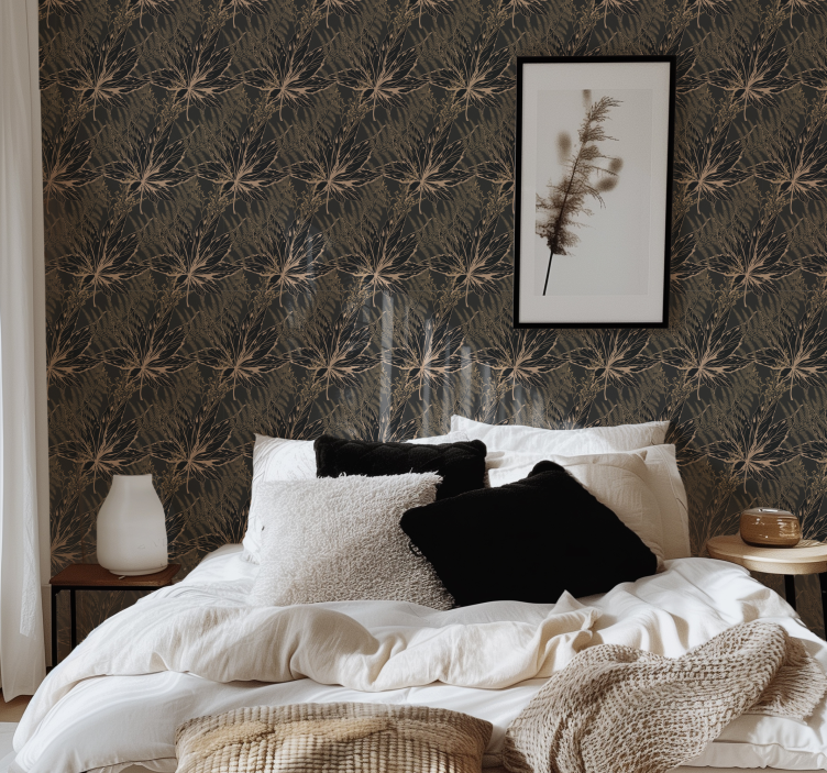 Papel pintado negro grandes hojas doradas - TenVinilo