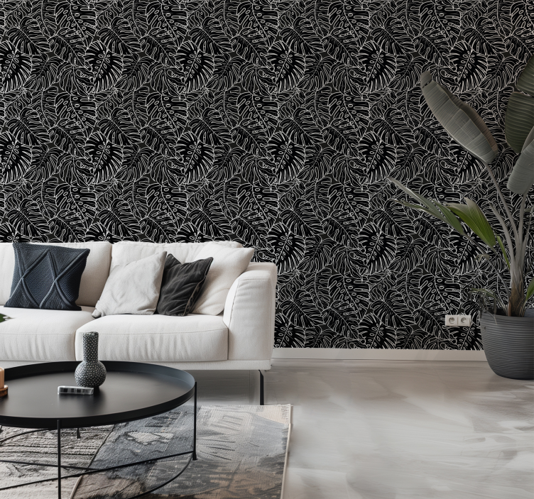 Papel pintado negro hojas grandes - TenVinilo