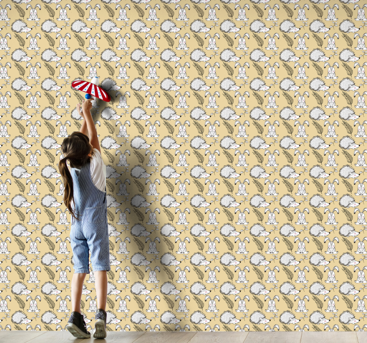 Papel pintado animal patrón de conejito y erizo - TenVinilo