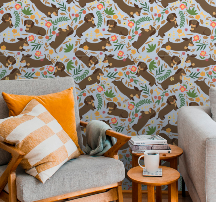 Papel pintado perros patrón floral de elefante - TenVinilo